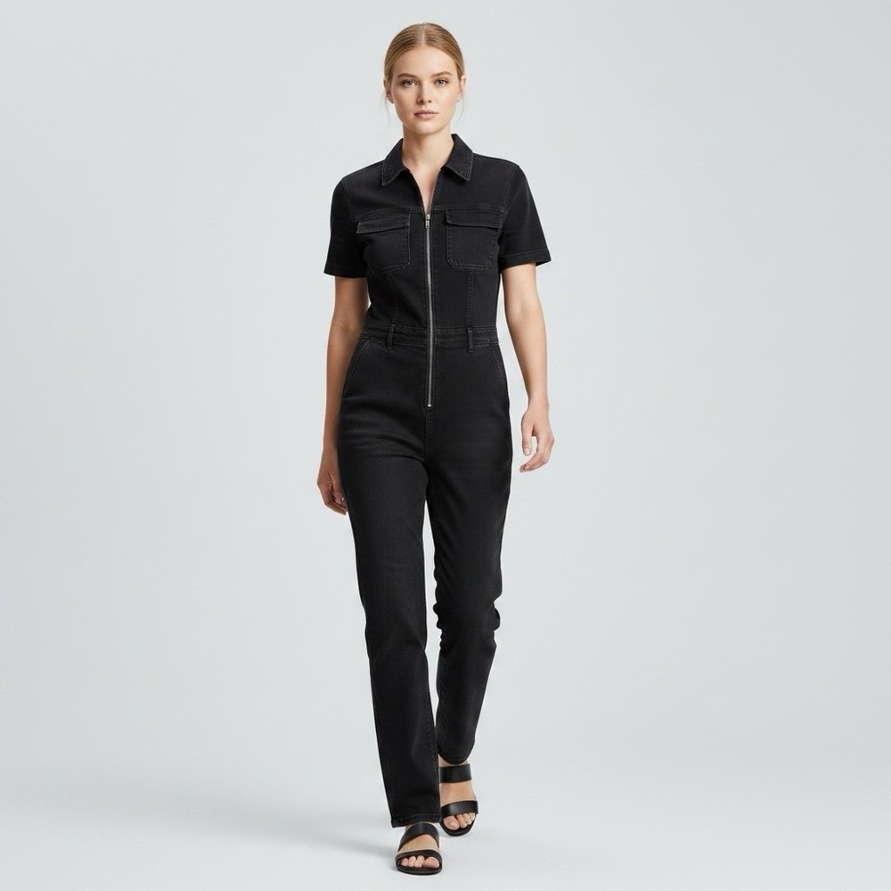 Le Lis Black Denim Utility Jumpsuit Full Zip Short Sleeve Casual Romper Cargo M